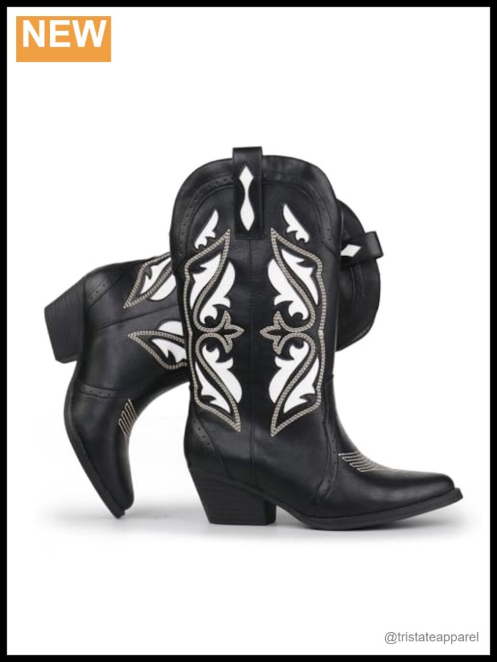 Embroidered Pointed Toe Mid-Calf Cowgirl Boots Chunky Block Heel Faux Leather